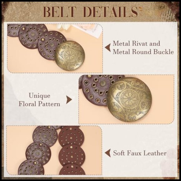 Western Hollow Disc Leather Belt Adjustable Boho Retro Cowgirl Style main image 5